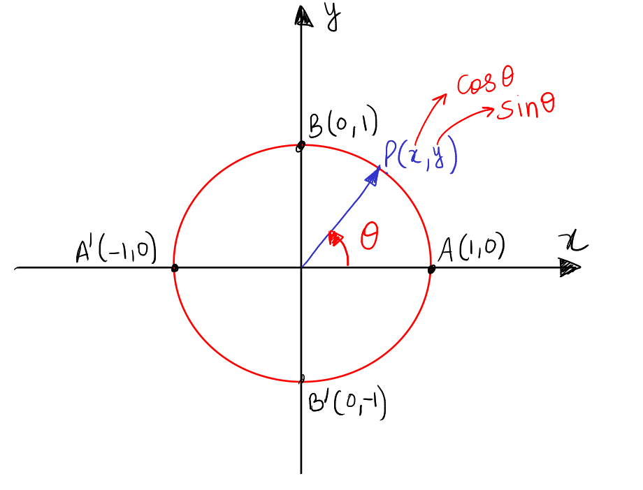 Unit circle with point P on it with angle theta
